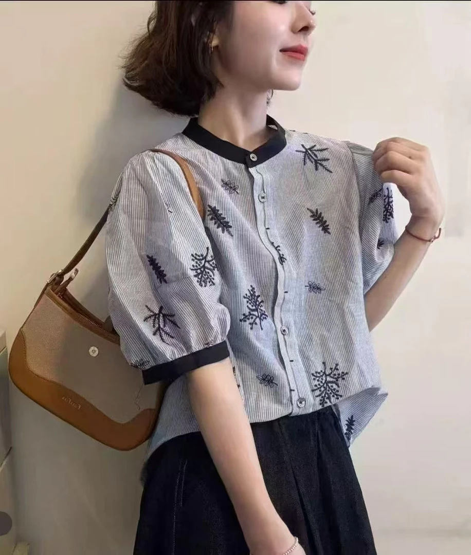 苗苗家~夏季条纹碎花休闲衬衫