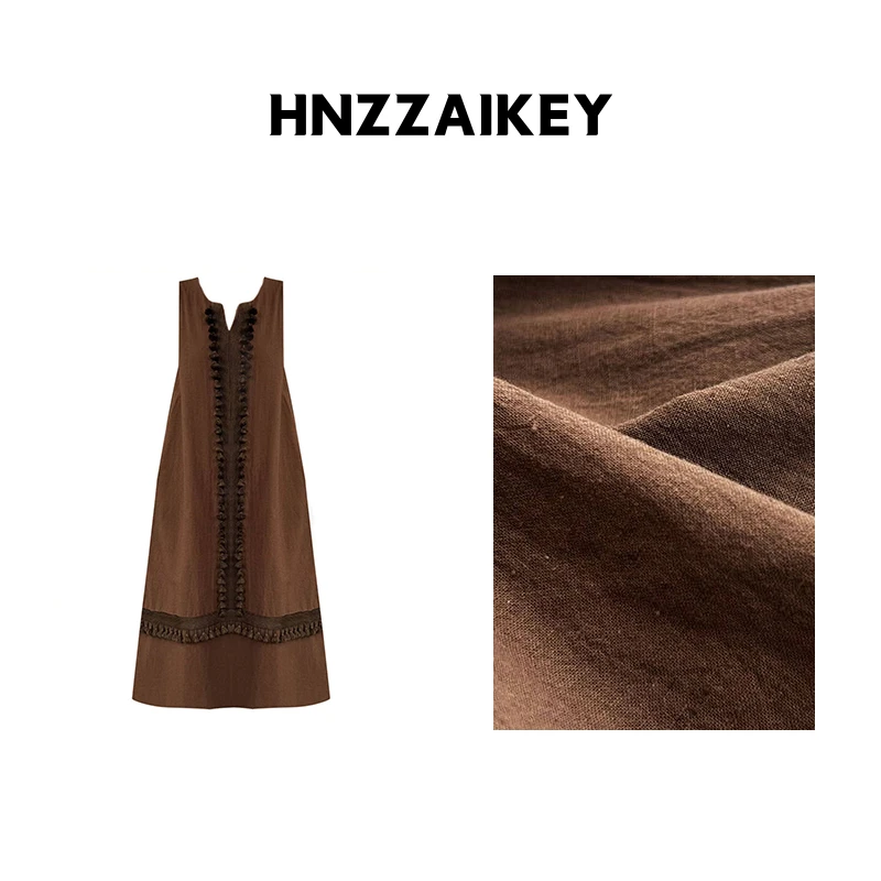 HNZZAIKEY 流苏拼接慵懒风V领连衣裙收腰背心裙U25L100611