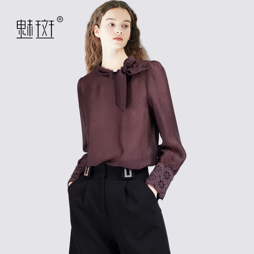 魅斑立领串珠绑带钩花袖口衬衫女2025秋季紫红色长袖女士上衣