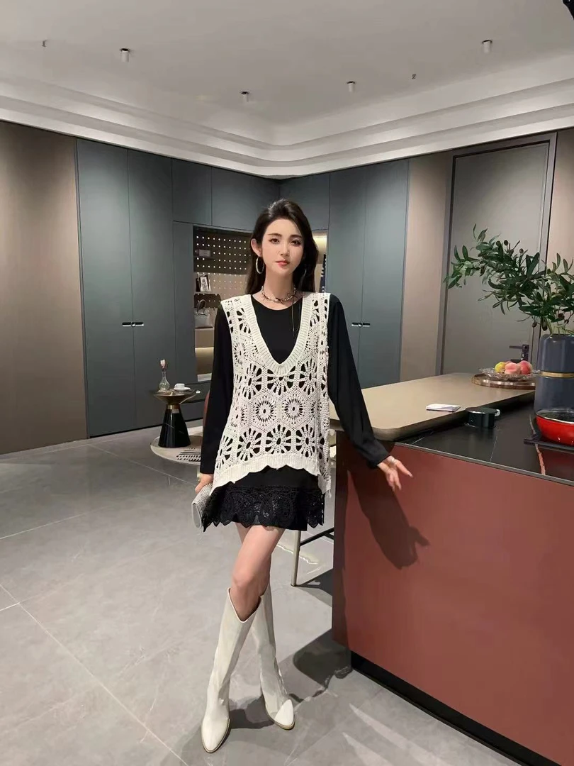 2025早秋新款时尚针织镂空马甲气质百搭打底衫衫套装6563