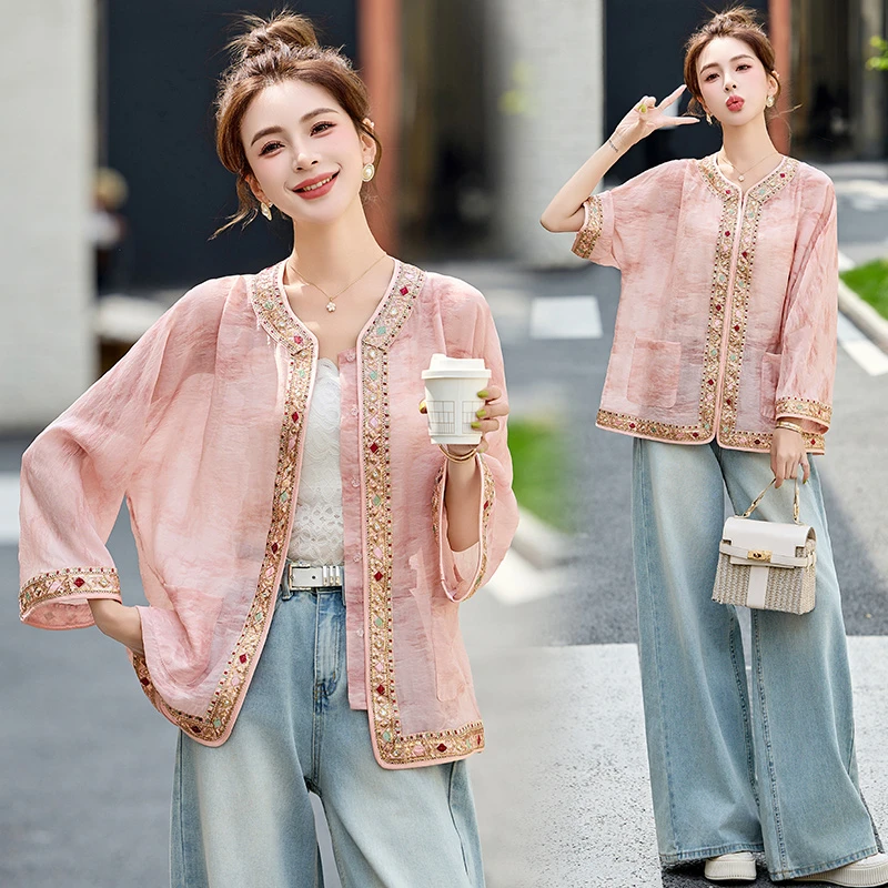 新中式国风钉珠防晒刺绣短外套女2025年夏季新款宽松百搭薄款上衣