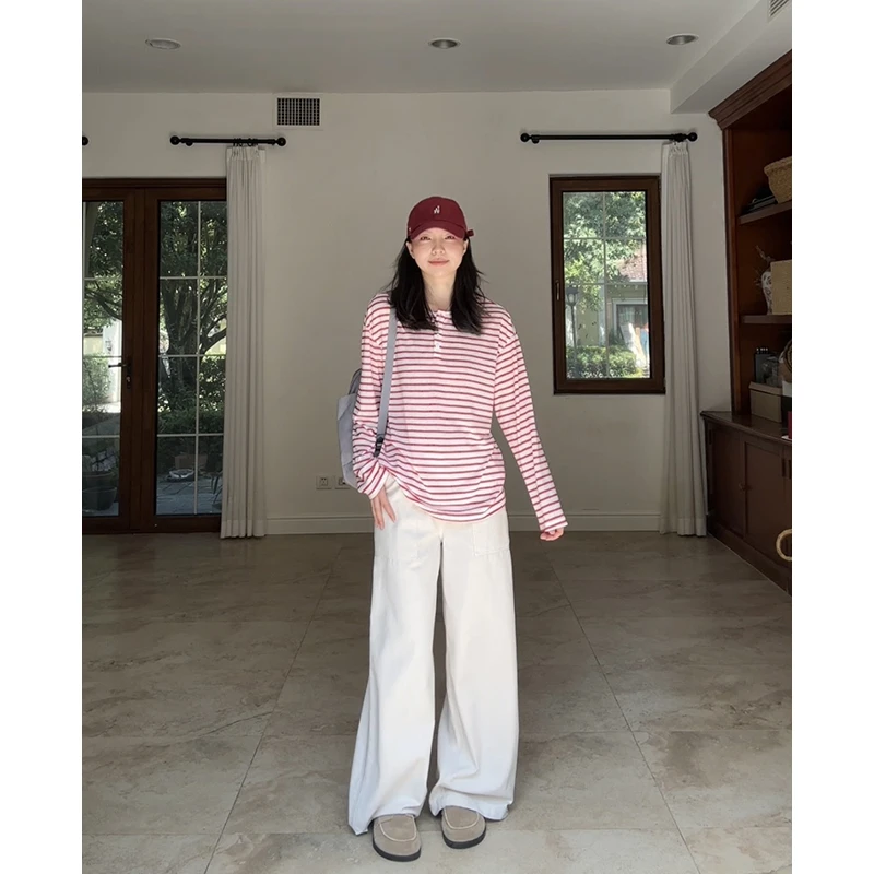 郭九九呢 棉条纹圆领宽松显瘦长袖t恤高腰直筒阔腿裤 G925Y14413