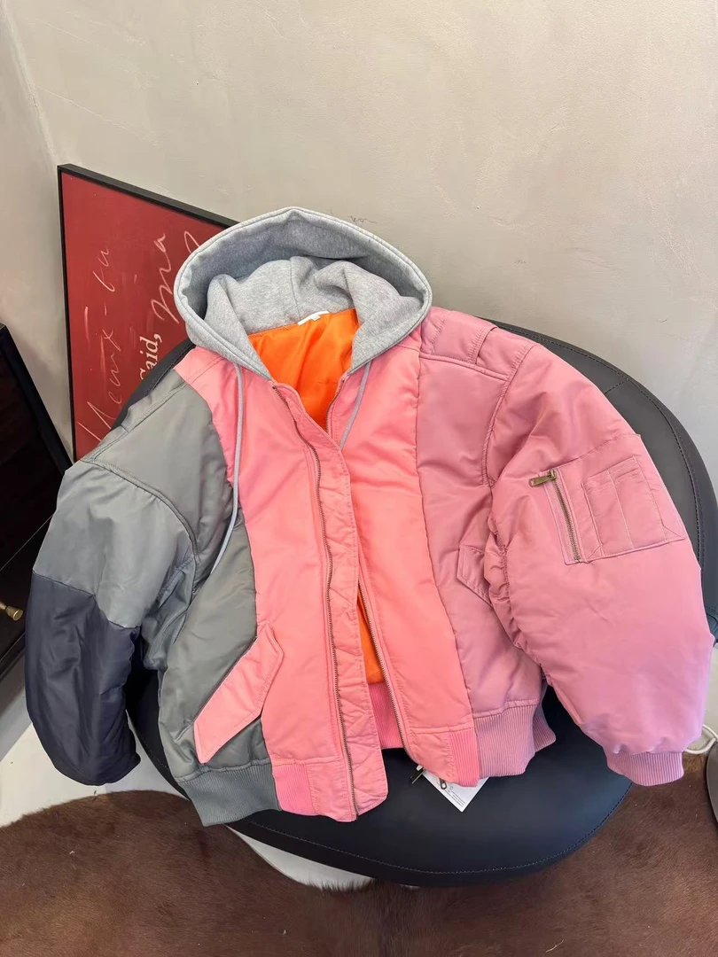 PC【解构拼接】高街美式不规则拼色宽松休闲男女连帽外套棉服