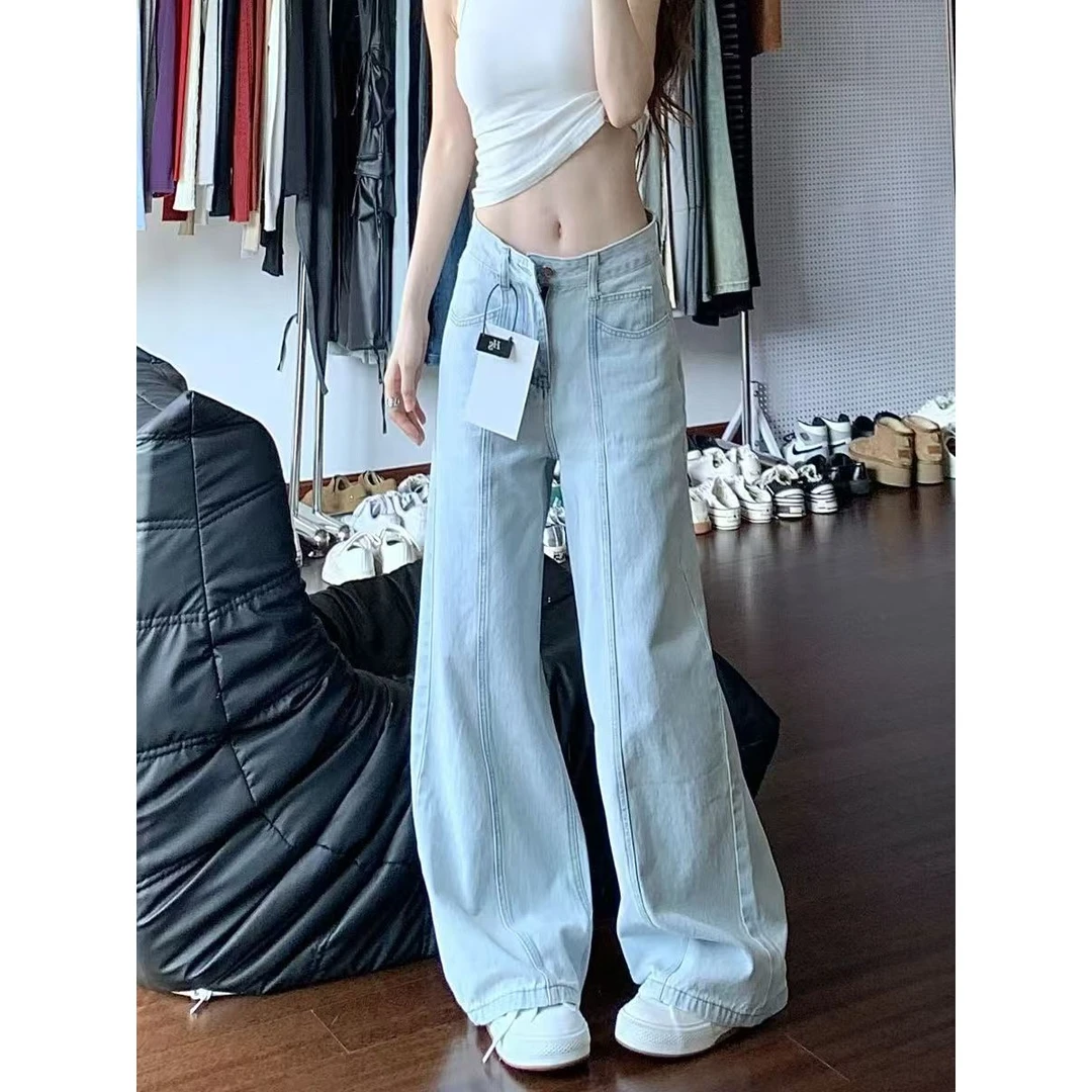 美式复古浅蓝色阔腿牛仔裤女2025新款高腰显瘦宽松垂感拖地直筒裤