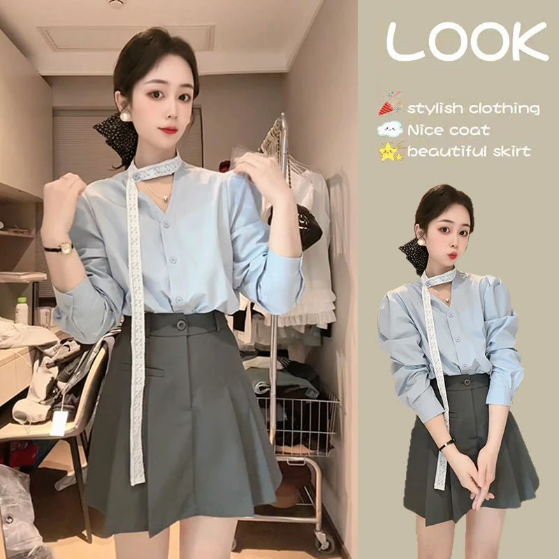 韩系气质纯欲风套装女2025春季新款蕾丝飘带衬衫半西装短裙两件套