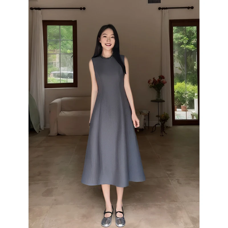 西装面料连衣裙女高级感2025春夏新款收腰无袖a字裙气质显瘦长裙