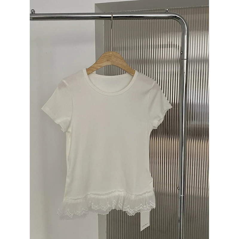 下摆双层花边拼接圆领短袖F88