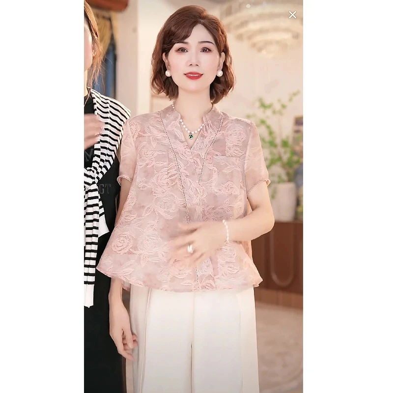 2025新款妈妈装夏季短袖时尚气质中年女装宽松新中式国风小衫套装