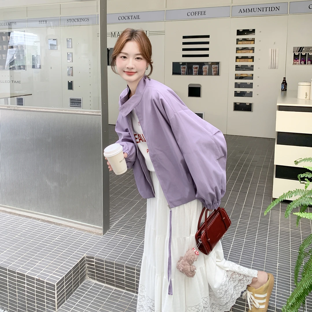 韩系温柔风通勤紫色宽松短外套女2025秋季新款休闲百搭小个子夹克