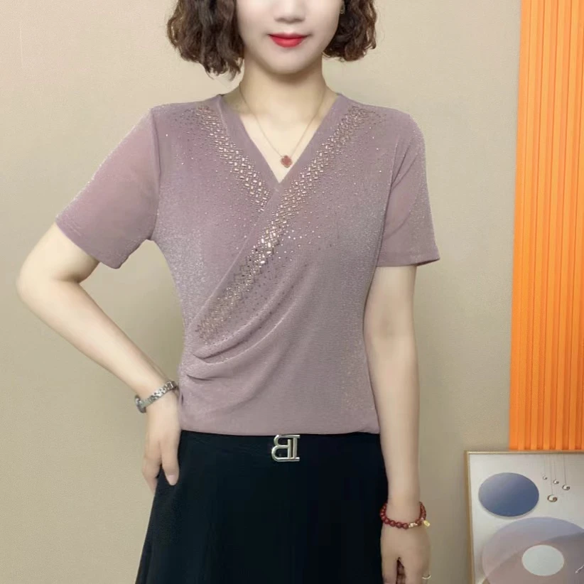 2025夏季气质时尚显瘦亲肤透气女士V领短袖烫钻上衣z35