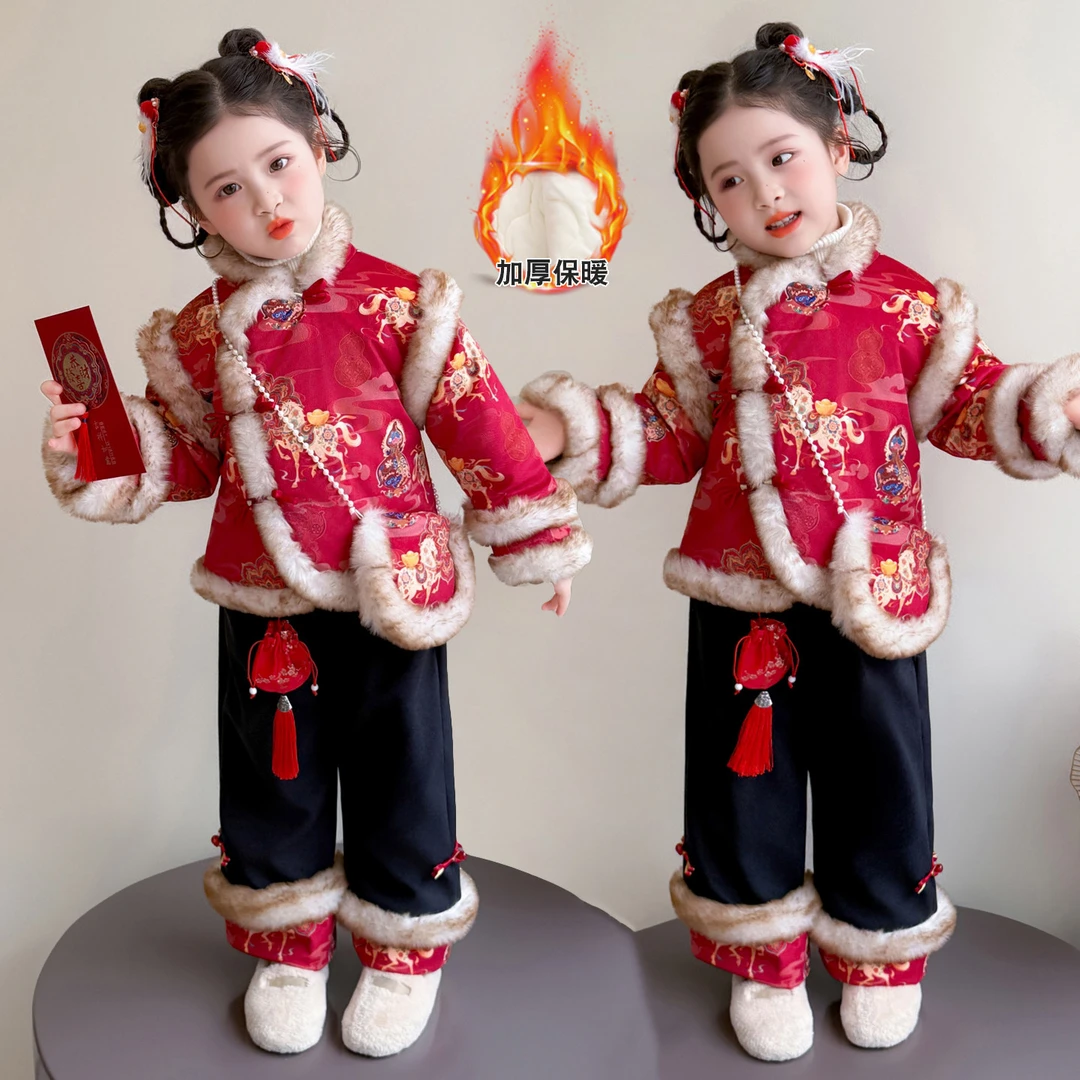 拜年服女童汉服套装儿童国风唐装演出服冬季加绒加厚喜庆新年衣服