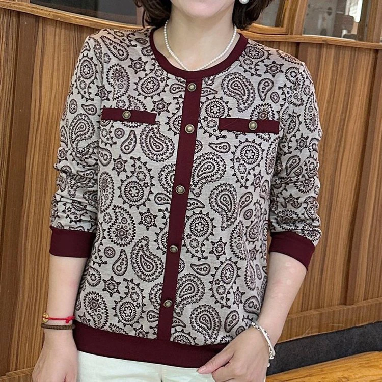 2025秋季新款宽松女中老年洋气妈妈装休闲腰果花提花长袖圆领上衣