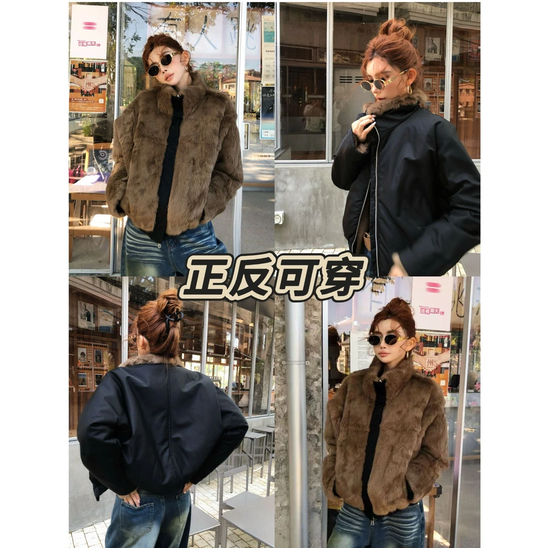 婉君【双面可穿兔毛皮草】进口”兔毛100“正反两穿外套LWJ24D4C2403