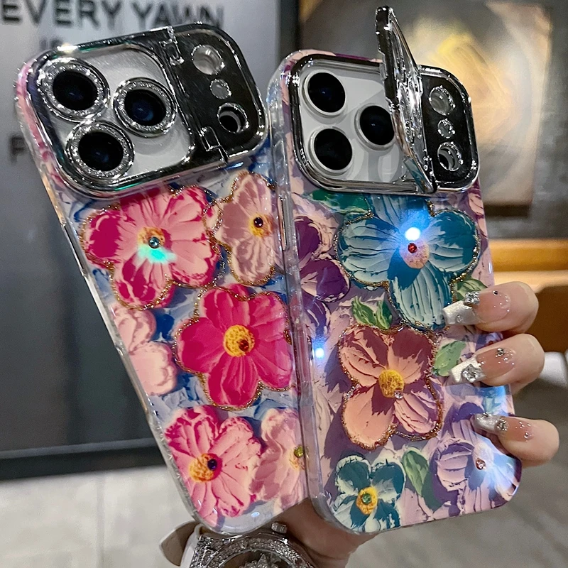 适用苹果系列iPhone17新款手机壳唯美油画蓝橙花枪色精孔镜框支架
