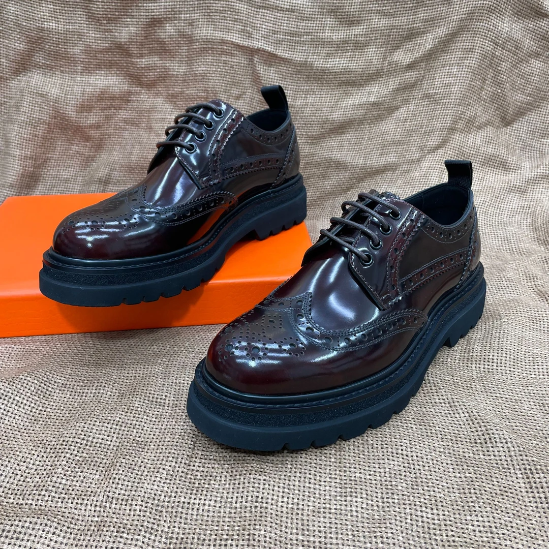 早春款男士布洛克雕花德比鞋真皮开边株亮面增高商务休闲正装皮鞋