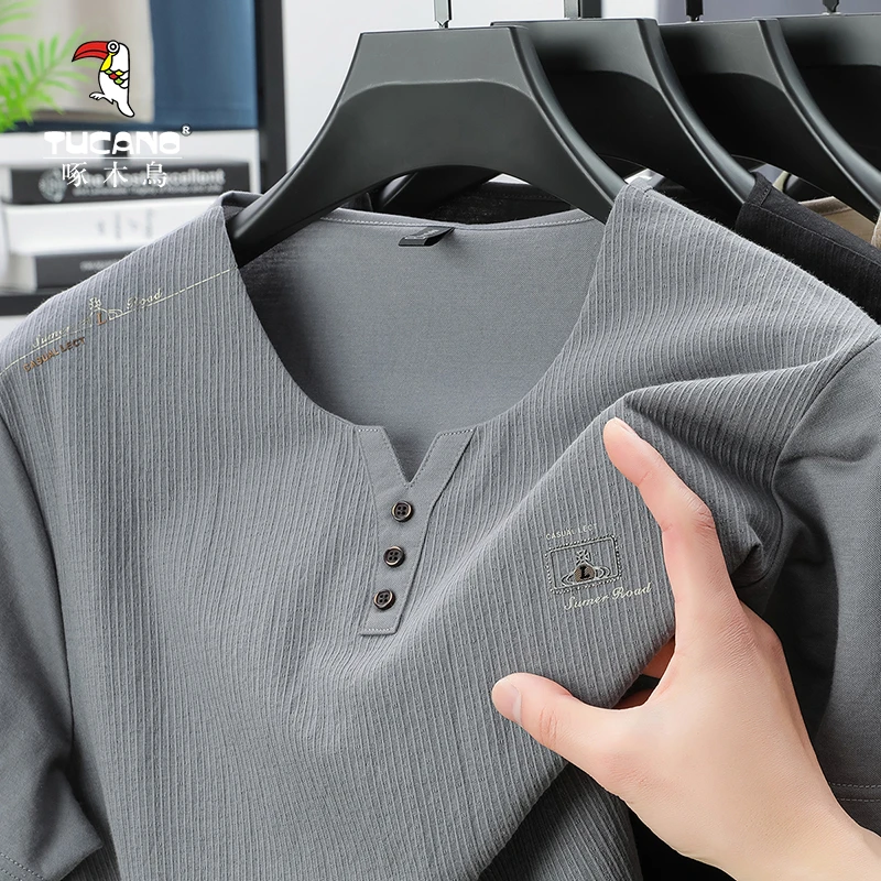 啄木鸟2025新款夏季男士短袖薄款鸡心领半袖休闲圆领t恤纯色上衣