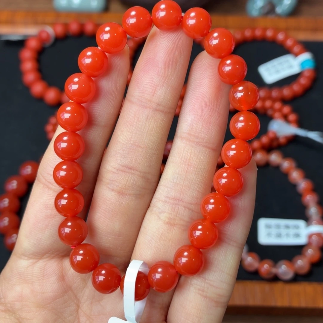 南红玛瑙未镶嵌手串保山原矿南红大黑洞鲜柿子红卡7+