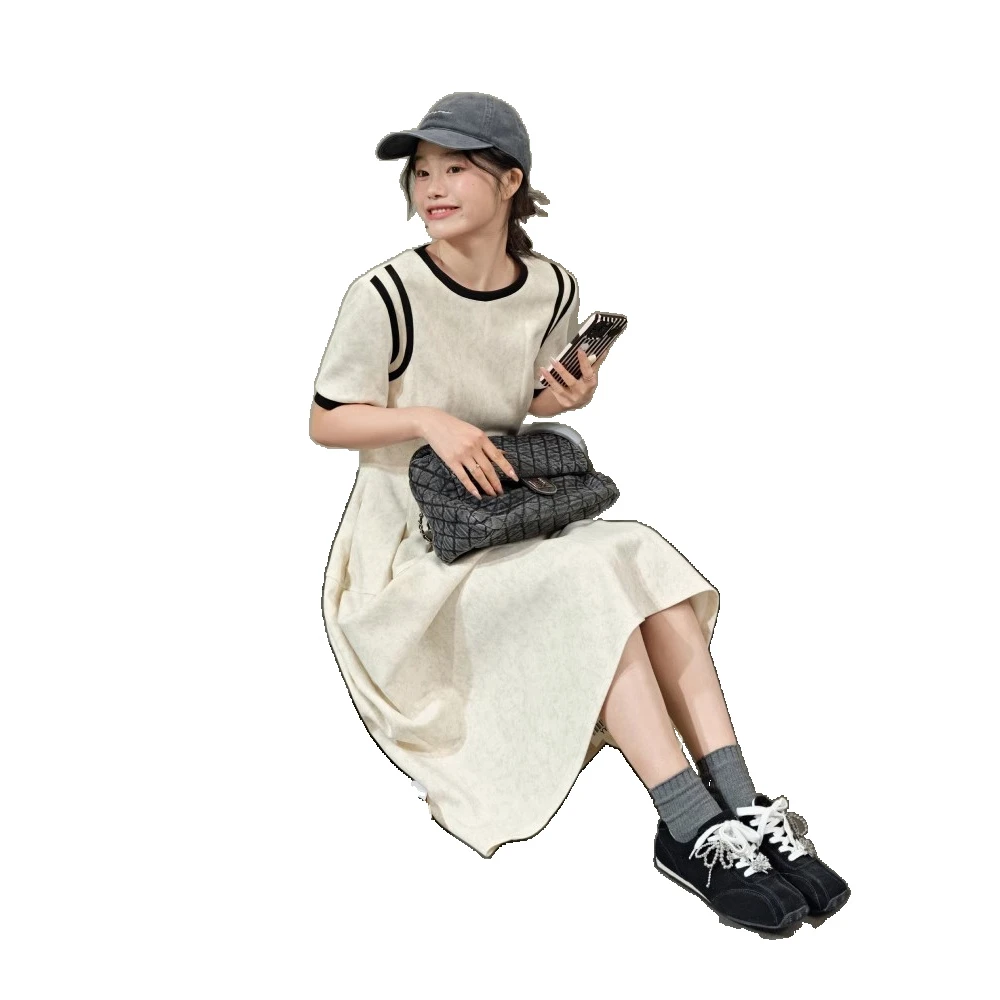 阔色灰色短袖拼接设计感连衣裙女2025春夏季新款收腰修身长裙子