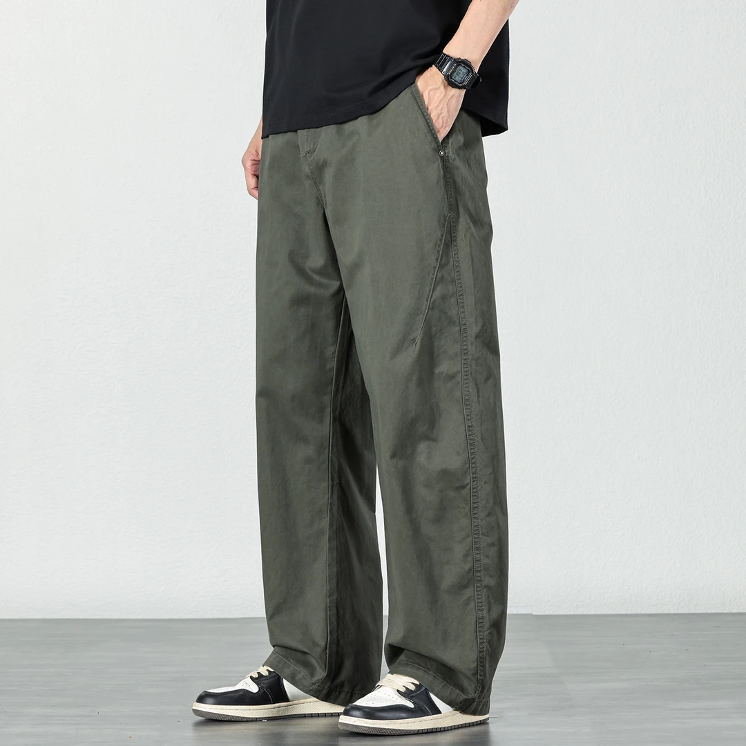 日系简约纯棉休闲裤男士2025夏季宽松百搭设计感阔腿直筒潮流长裤