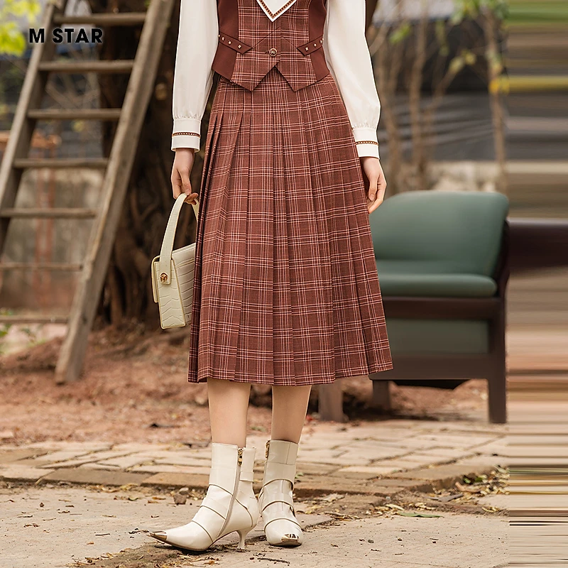 M-Star夏季新款复古文艺气质格子百褶中长款半身裙女装SFEQ133160