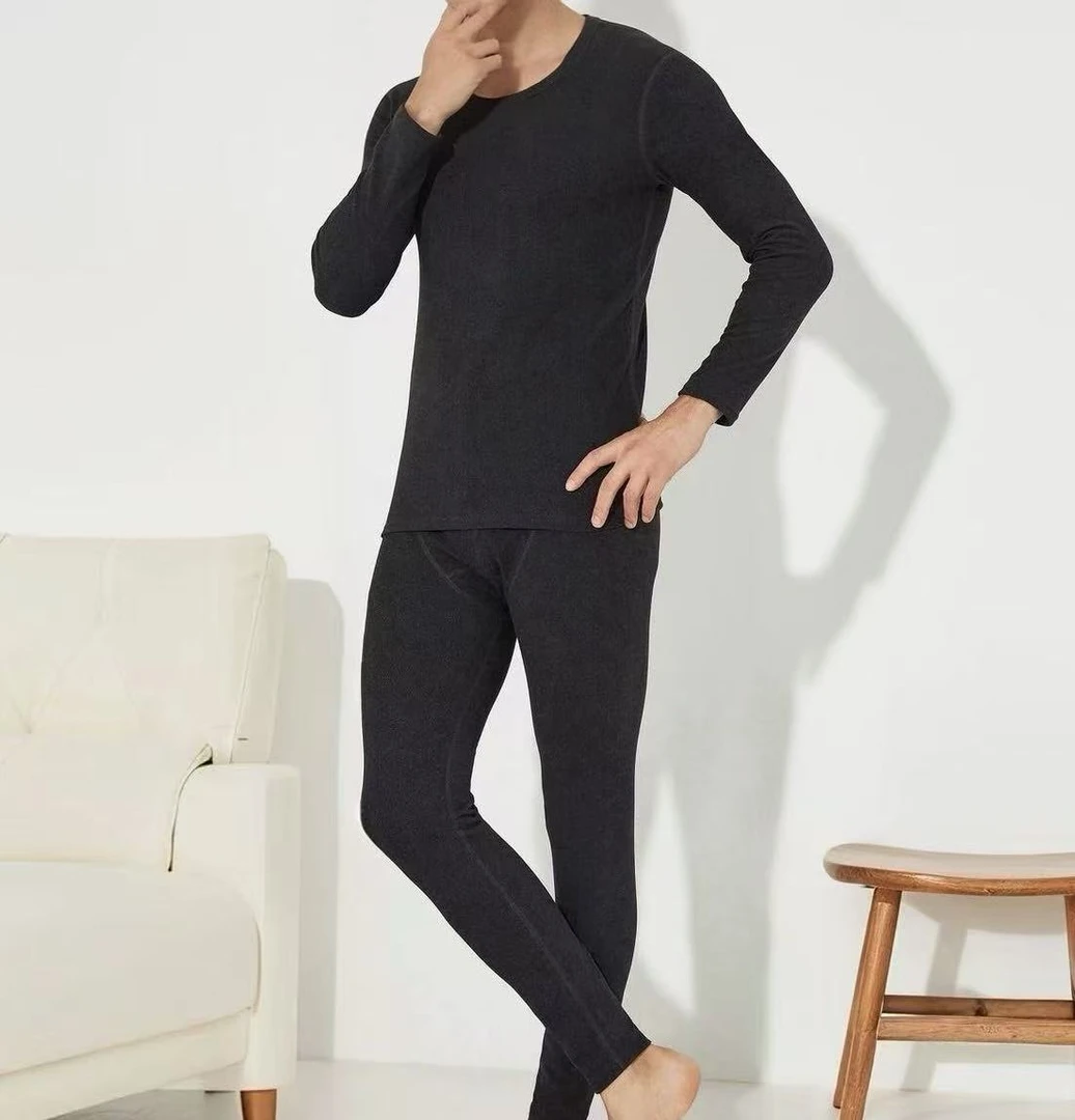 8567号Co#秋冬圆领纯色绒感打底套装男士（预）