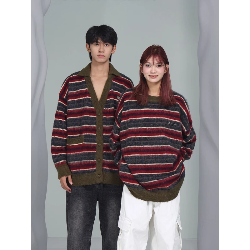 JUMPNEXT秋冬季条纹慵懒套头开衫毛衣男女新款休闲圆领针织衫复古