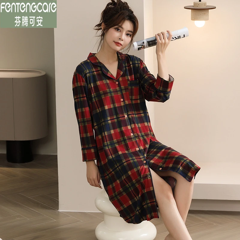芬腾可安春秋大码开衫睡裙女款长袖纯棉中长款格子连衣裙子家居服