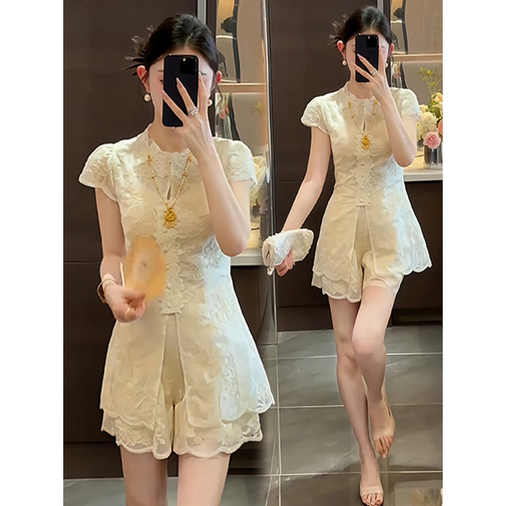 新中式国风套装女夏季穿搭一整套时尚重工刺绣上衣高腰短裤两件套