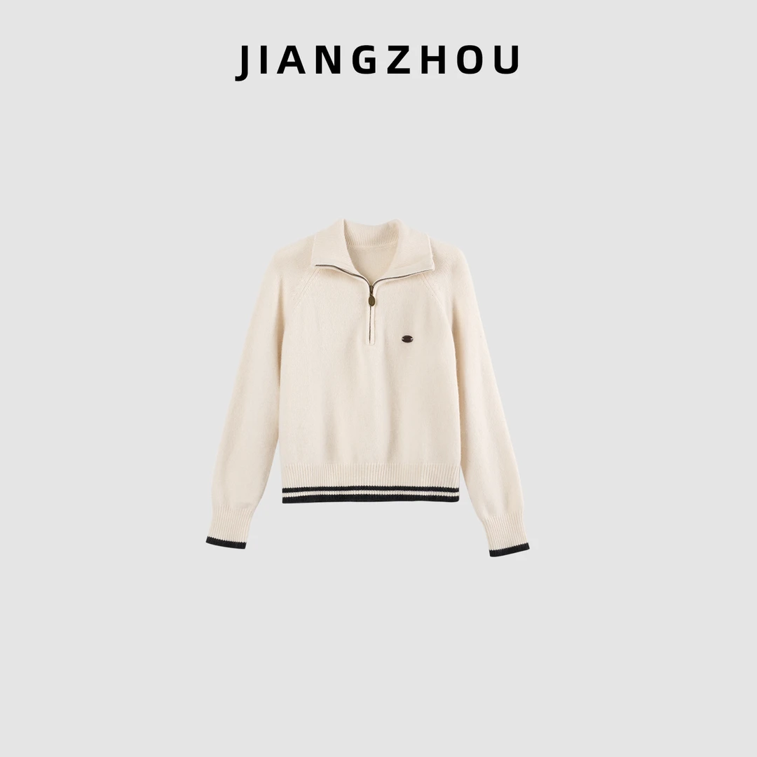 江洲【景云】秋冬新款半拉链羊毛针织开衫立领百搭软糯加厚毛衣外套