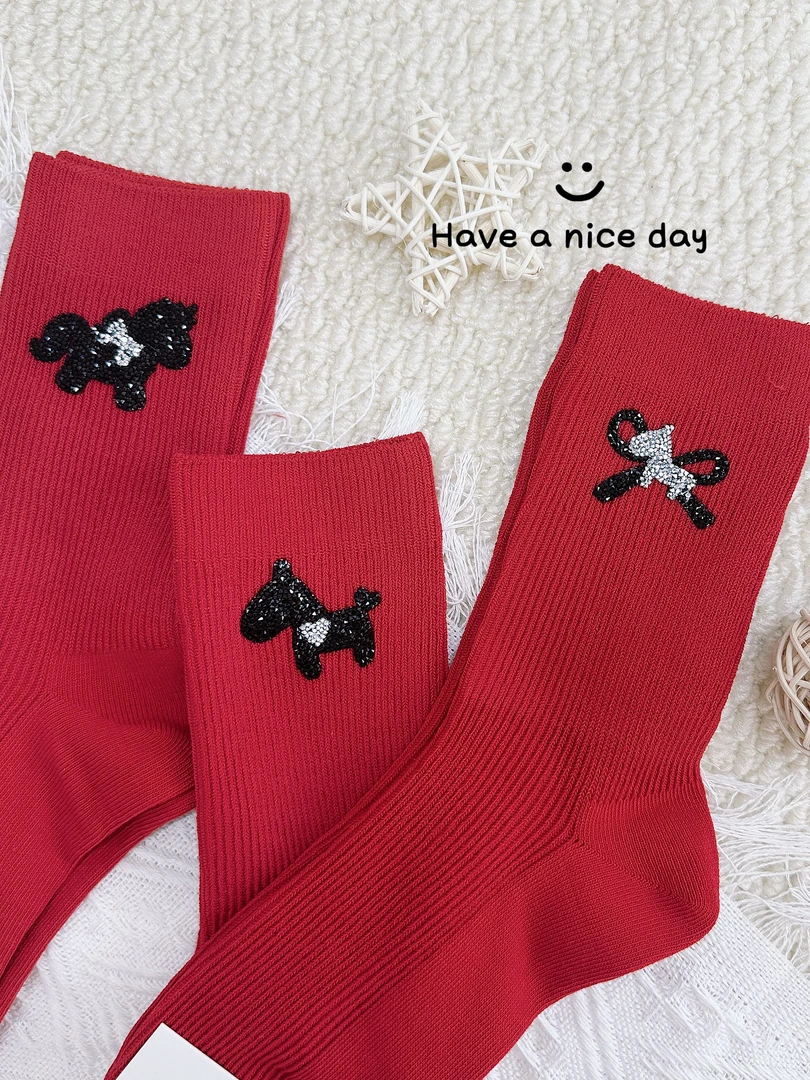 冬季中筒袜红色袜子马年新年百搭蝴蝶结时尚新款纯棉女袜