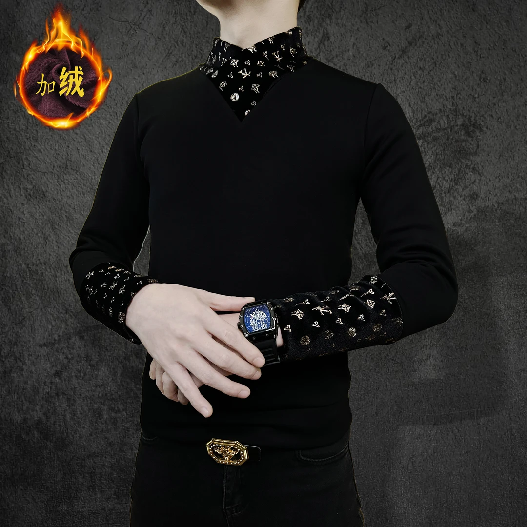 春季时尚休闲潮流个性修身拼接百搭男士巾帼领加绒假两件保暖卫衣