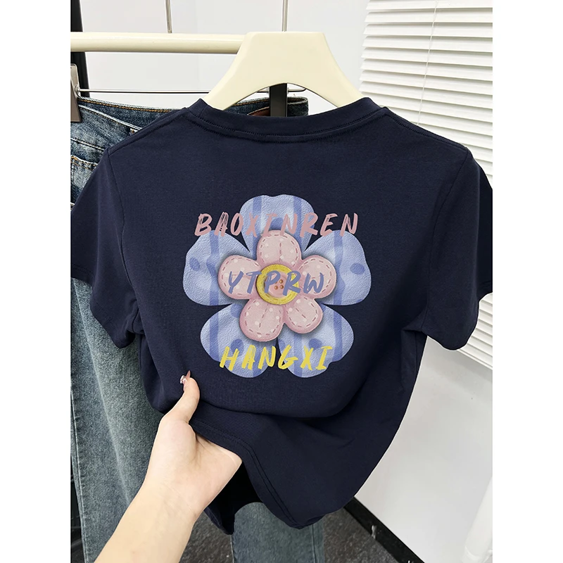 韩版小个子穿搭时尚花朵印花圆领正肩短袖T恤女装2025新款上衣夏