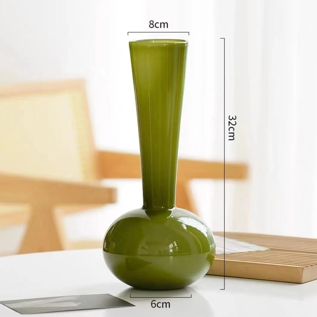 瑞典设计侘寂新中式中古橄榄绿长颈花瓶手工琉璃花器摆件
