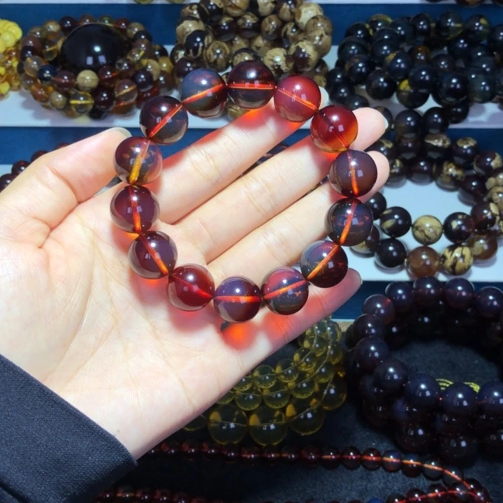 琥珀未镶嵌手链馆藏级5Ａ净水妖孽火彩红蓝珀手串