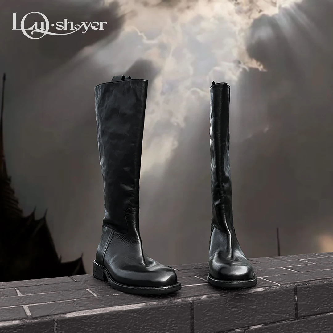 LOU SHOYER长靴女圆头水洗马皮复古后拉链粗跟高筒靴不过膝骑士靴