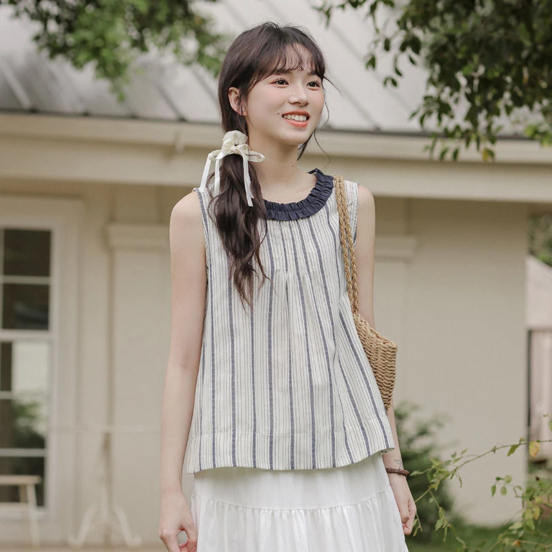 小清新盐系条纹无袖衬衫背心女夏季新款撞色木耳边领休闲别致上衣