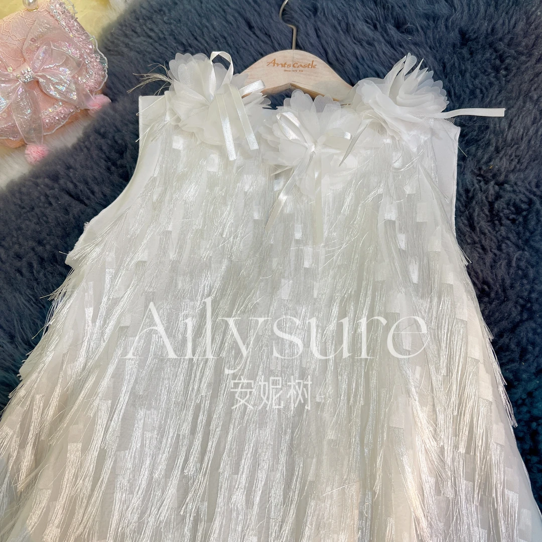 2025女童新款公主礼服连衣裙女中大童洋气生日背心流苏蝴蝶结裙子