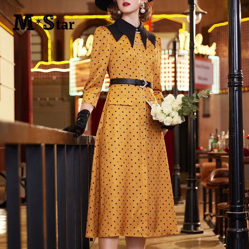 【高高甄选】M-Star复古七分袖收腰波点中长款连衣裙SCEL132371
