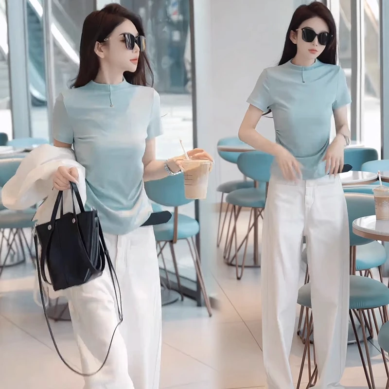 时尚韩版半高领短袖上衣套装女2025夏季新款显瘦阔腿裤休闲两件套