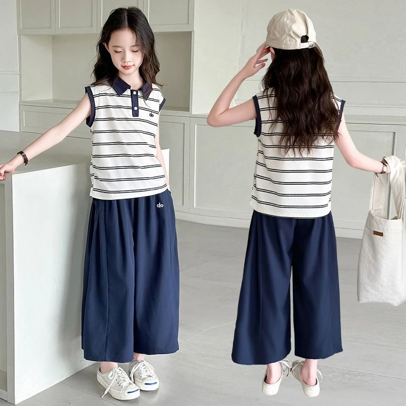 女童夏装无袖条纹套装夏季2025新款中大童洋气翻领儿童两件套爆款