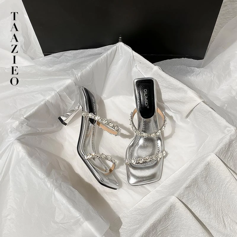 TAAZIEO夏季水钻高跟鞋女韩版2025百搭方头露趾银色高一字带时尚