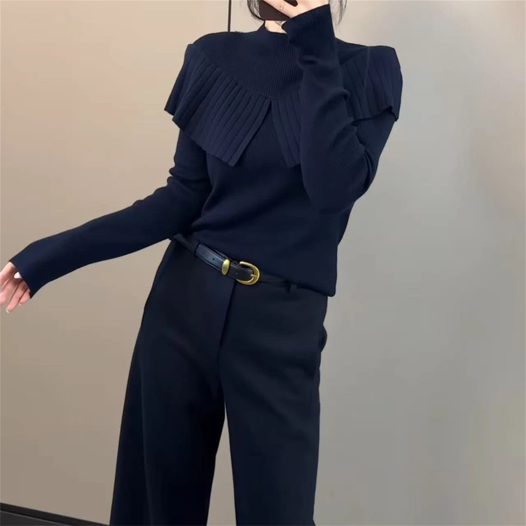 韩系设计感藏蓝色长袖海军领毛针织衫女秋季新款宽松独特好看上衣