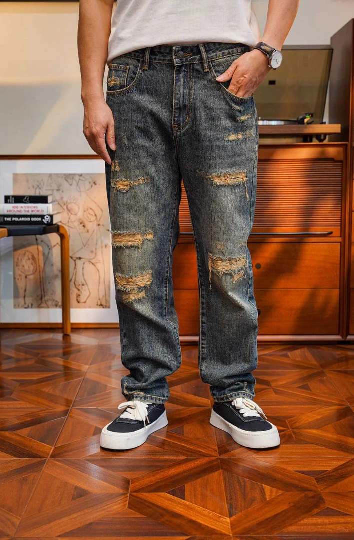 小众设计师款-秋冬新款破洞复古做旧男士牛仔裤时尚潮酷