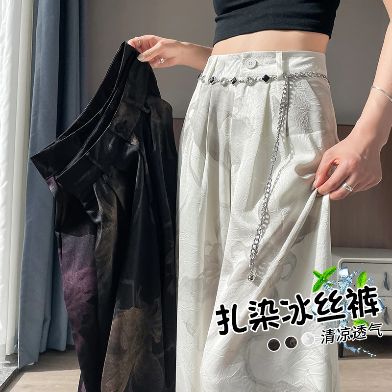 冰丝醋酸扎染阔腿裤女夏季薄款2025新款凉凉裤显瘦印花缎面直筒裤