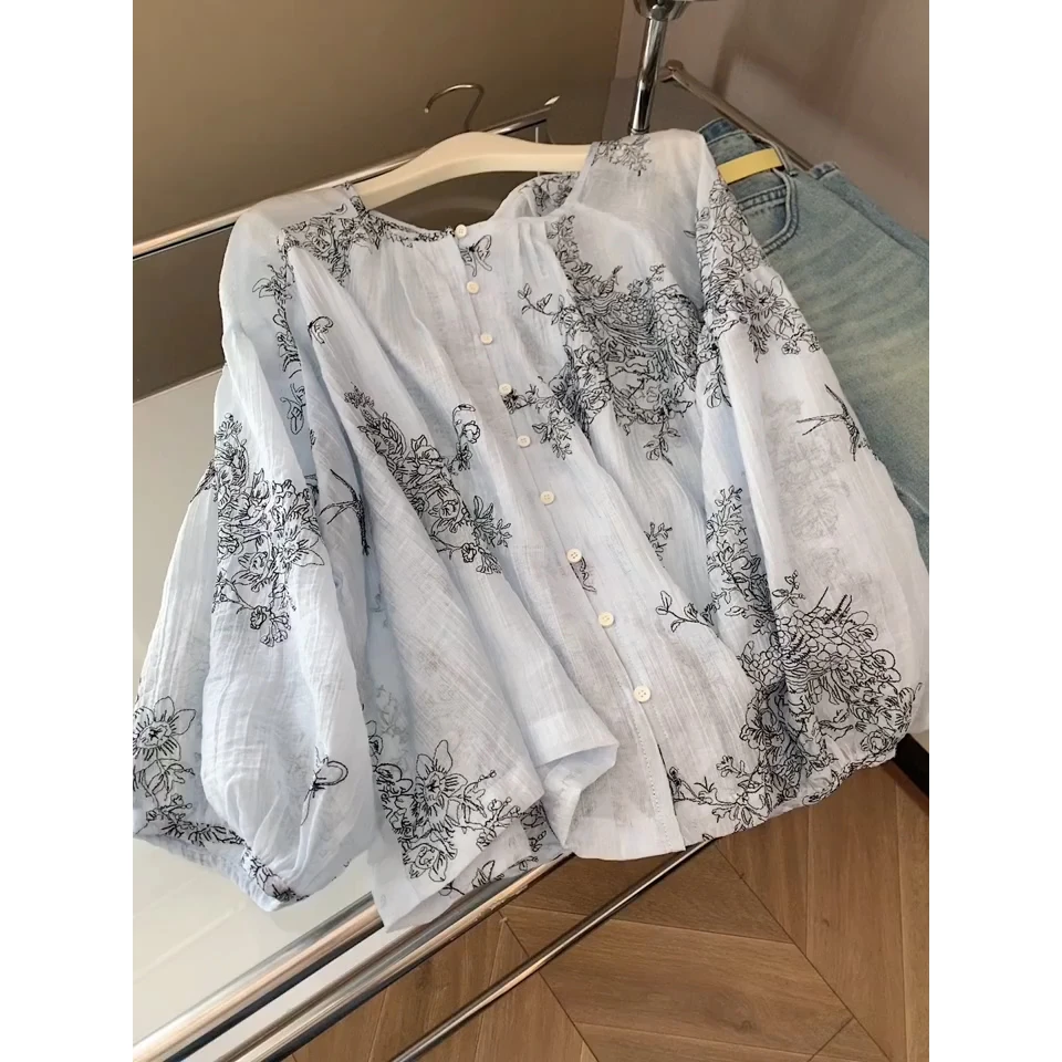 茶里茶气别致上衣法式蓝色圆领灯笼袖印花防晒衬衫女2025新款夏季