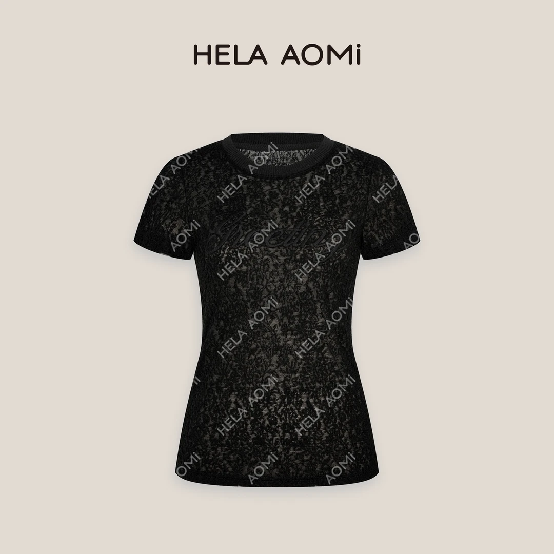 HELAAOMI “肌理T”纯色套头钩花字母刺绣修身绵羊毛T恤CY5BX23039