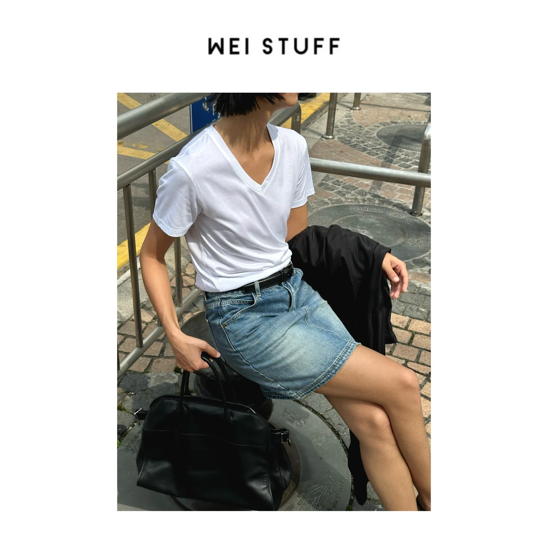 WEI STUFF 100棉时尚潮流百搭中腰显瘦蓝色A字牛仔短裙 6148 S