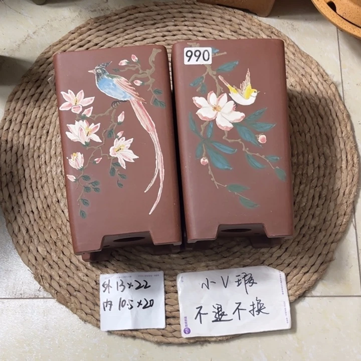 紫砂花盆 微微瑕紫泥彩绘四方签筒1组 990