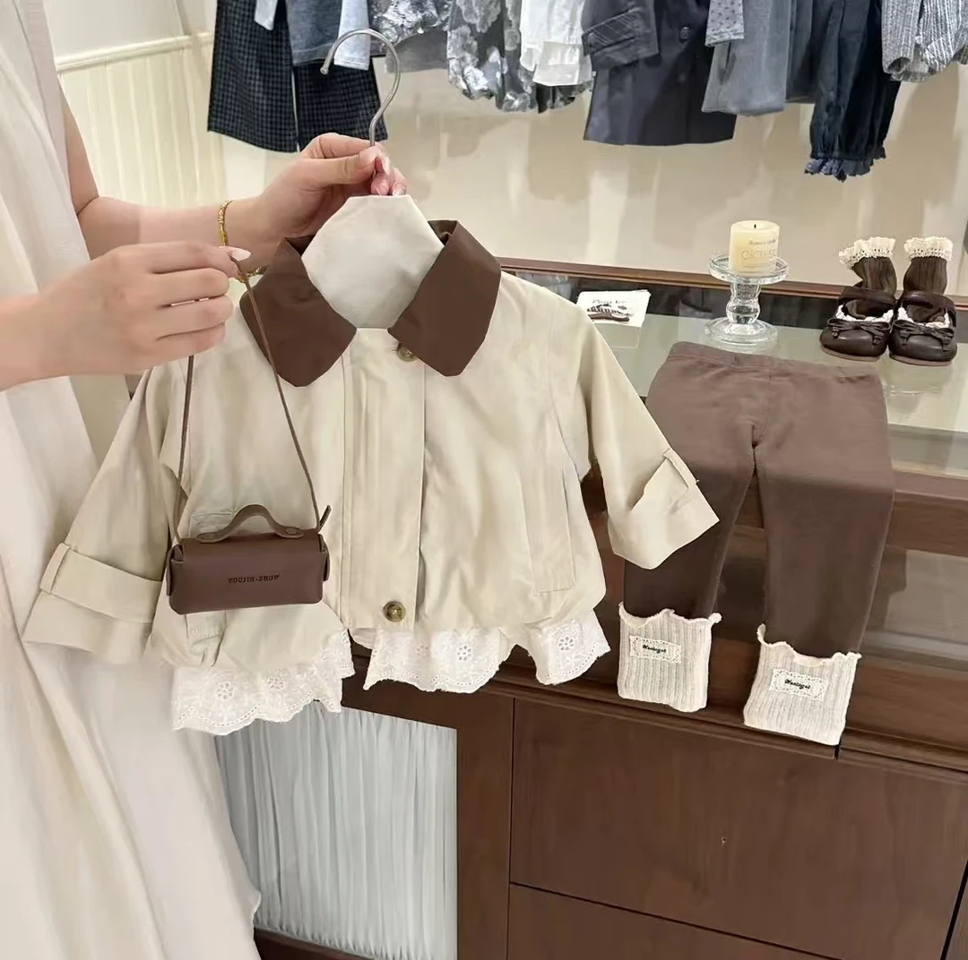 韩系女童风衣外套秋季2025新款儿童花边女孩秋装外套洋气打底裤