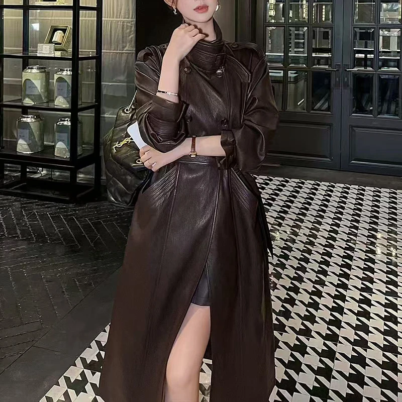 春秋复古新款宽松立领系带长款风衣洋气外套女5313-6089